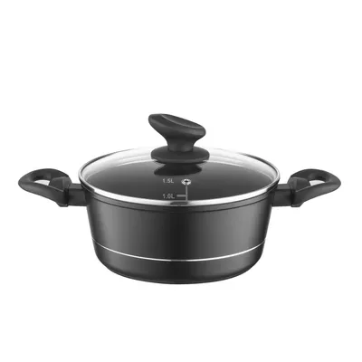 Produktbild von FLORINA Aluminium Topf (1,5 l) 18 cm I Kochtopf DELUX mit Glasdeckel I Messbecher & Antikratz-Beschichtung I Topf mit Induktionsboden I Geeignet für Induktionsherd, Gasherd und Elektroherd (Schwarz)