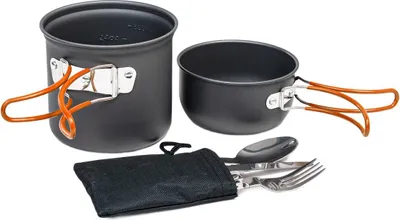 Produktbild von Kochgeschirr-Set Camping Outdoor Grün, Aluminiumtopf und Pfanne mit Besteck, Orange