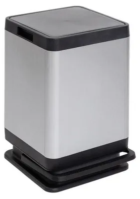 A silver and black trash can on a white background.