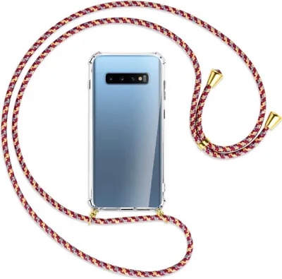 Produktbild von Handykette Backcover-Schutzhülle mit Band (Metall goldfarben) für Samsung Galaxy S10+ / S10 Plus - weinrot/gelb/grau