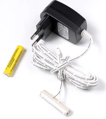 A black power adapter with a white coiled cord and two batteries on a white background.