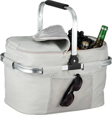 Produktbild von Relaxdays Einkaufskorb, faltbar, Tragegriff, HBT: 45 x 43 x 30,5 cm, Isoliertasche zum Einkaufen, Picknickkorb, hellgrau