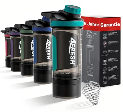Produktbild von 4FRESH Protein Shaker Flasche 500 ml aus Tritan - BPA-Frei mit Skala & Magnetverschluss, Spiralmixer & Aufbewahrungsbox für Pulver & Kapseln