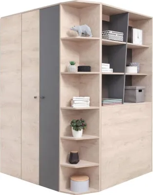 Produktbild von Jugendzimmer - Drehtürenschrank / Eckkleiderschrank Chiny 01, Farbe: Eiche / Grau - Abmessungen: 190 x 135 x 135 cm (H x B x T)