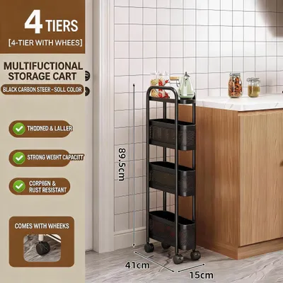 Imagen del producto de Carrito de almacenamiento estrecho - 4 niveles - 15 cm de ancho - Con ruedas - De metal - Para cocina y baño - Color negro