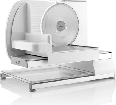 A white electric slicer is shown against a white background.