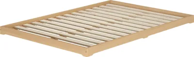 A wooden bed frame with slats, viewed from a slightly elevated diagonal angle against a white background.