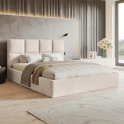 Produktbild von MOTIVENA Star Polsterbett 160x200 mit Bettkasten, Holz Latttenrost, Bett 160x200 Beige Samt (Jasmine 21)