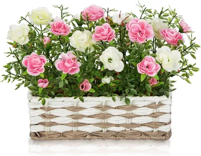 Produktbild von Kunstblumen in Holztopf – Frühlingsdekoration – Tischdekoration mit künstlichen Blumen – Rosa und Weiß