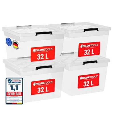Produktbild von ATHLON TOOLS 4x 32 L Aufbewahrungsboxen mit Deckel, lebensmittelecht - Verschlussclips - 100% Neumaterial Plastik-Box transparent