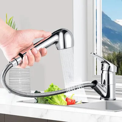 Produktbild von Küchenarmatur Ausziehbar, 360° Drehbar Wasserhahn Küche, Spültischarmatur mit Säulentyp Wasserauslass und Duschwasserauslass, 2 Modus Mischbatterie
