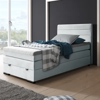 Produktbild von Boxspringbett Tulia 120 x 200 cm Einzelbett mit Topper Bett mit Taschenmatratze und Federkernmatratze Bettkasten, Stoff: mono 232 - Hellgrau