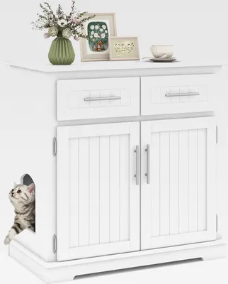 Produktbild von Katzenschrank für Katzentoilette, Katzenklo Schrank mit 2 Schubladen, 2 Türen & Eingang, Katzenhaus Katzenkommode Beistelltisch, Katzenmöbel für Innenbereich, modern, 80 x 45 x 80 cm, Weiß