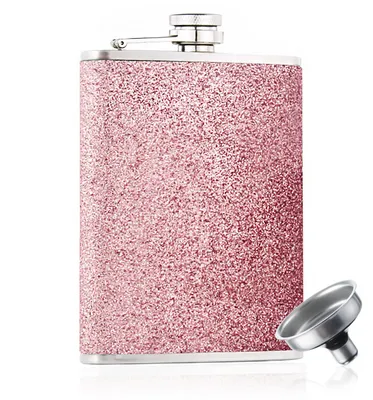 Hüftflasche 226 ml RVS rosa Glitzer mit Trichter