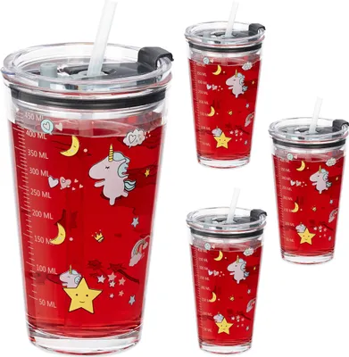Image de Lot de 4 verres pour enfants Relaxdays, motif licorne, verres à boire pour enfants, avec couvercle et paille, graduation de 450 ml, verres à jus, transparents