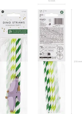 Produktbild von Papierstrohhalme 19cm mit Dino Topper 6er Set Weiß / Grün / Flieder