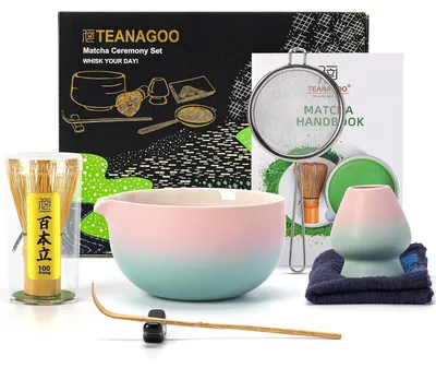 Productafbeelding van Matcha-set, 7-delig, met kom en bamboe-garde, groene kleurverloop, roze