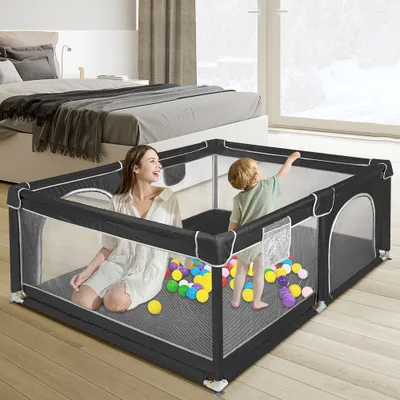 Produktbild von Baby Laufgitter faltbar 120x160cm Laufstall Krabbelgitter mit Tragetasche Schwarz