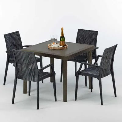 Produktbild von Poly Rattan Tisch Quadratisch mit 4 Bunten Stühlen 90x90 Braun Brown Passion