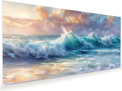 Produktbild von Glasbild 120x60cm in XXL für Wohnzimmer, Schlafzimmer Motiv Ozeanwellen Sonnenaufgang