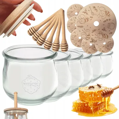 Produktbild von WECK Honiggläser Set mit Holzdeckel und Honigheber 370ml 6 Stück
