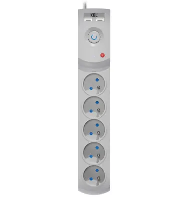 Productafbeelding van Overspanningsbeveiligde stekkerdoos met 5 stopcontacten + 2 USB-poorten, 3 meter, grijs, 10A, 2300W, model W-100041