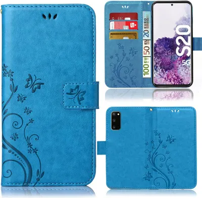 A collage of images showing a blue flip phone case with a floral and butterfly design, including a view of the inside with card slots and a phone inserted.