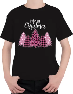 Produktbild von Merry Christmas Weihnachtsbaum Kariert Pink - Weihnachten Weihnachtsgeschenk Christmas Uni Kinder T-Shirt, Schwarz, 116