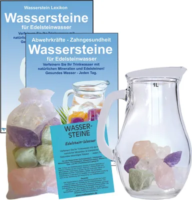Produktbild von Edelstein Wasser Grundmischung Forte 5-tlg Set. Amethyst + Bergkristall + Rosenquarz + Zeolith + 1 Liter Glaskrug + Beschreibung