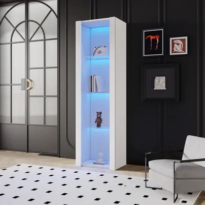 Produktbild von MODFU Vitrinen Hochschrank mit 3 Glasfächer für Badezimmer, Aufbewahrungsmöbel auf Füßen mit LED-Beleuchtung und für Wohnzimmer, Küche, Weiß