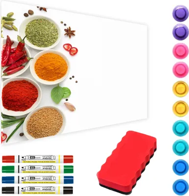Produktbild von ALLboards Metallische Magnettafel GEWÜRZE KRÄUTER WÜRZMITTEL 90x60cm MetalBoards Memoboard für jede Art von Magneten Magnetpinnwand zum Beschriften + 4 Marker, 10 Magnete und Schwamm im Lieferumfang