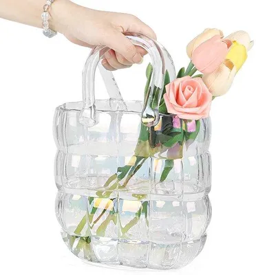 Immagine prodotto di Borsa in vetro, Vaso da fiori decorativo, Vaso in vetro fatto a mano, Vaso da fiori creativo, Vaso in vetro da ufficio