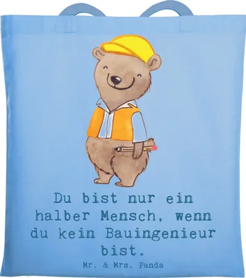 Produktbild von Mr. & Mrs. Panda Jutebeutel Bauingenieur Herz - Sky Blue - Geschenk, Stoffbeutel, Spruch, Beruf, Studium, Baustelle, Tote Bag, Shopping Tasche, Uni