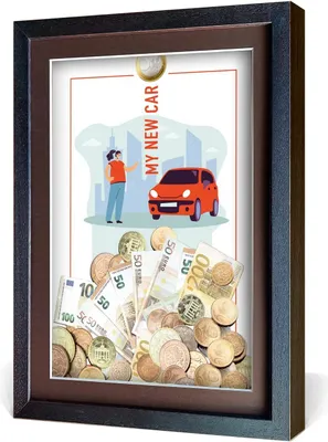 Produktbild von aFFa frames My Piggy Bank Spardose, 3D Bilderrahmen zum Befüllen, Geldgeschenke Verpackung für Auto, Haus, Geburtstag, mit Acrylglasfront, aus Holz, 32x42x2,5cm, Braun, Rahmen Neuwagen Muster