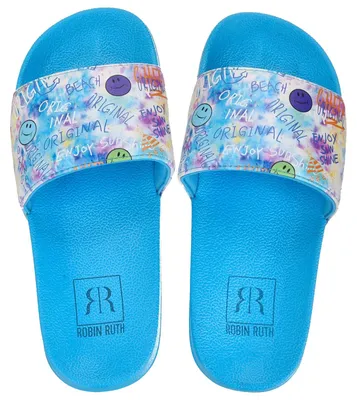 Produktbild von Robin Ruth Kinder Slipper Sandale mit flacher Sohle - Modische Badeschuhe Badelatsche in Blau-Bunt Größe 34/35