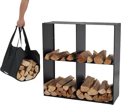 Produktbild von Kaminholzregal + Tragetasche - Innen & Außen - Feuerholzregal - Kaminholzständer - Brennholzregal - Schwarz - Metall (80x28x80cm)