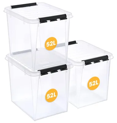 Immagine prodotto di 5 contenitori di plastica grandi da 52 litri, con coperchio, 3 pezzi, rinforzati, trasparenti