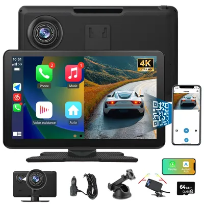 Image de Écran multimédia portable Junsun 9 pouces avec CarPlay et Android Auto sans fil, dashcam 4K et caméra de recul