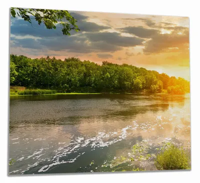 Produktbild von Wallario Herdabdeckplatte aus Glas, Größe 60 x 52 cm 1-teilig, Motiv Sonnenuntergang am Fluss in grüner Umgebung
