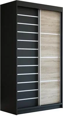 A modern sliding door wardrobe with a black frame and two doors, one with a dark finish and horizontal white stripes, and the other with a light wood grain finish and horizontal white stripes.