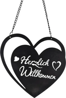 Produktbild von Dekohänger Dekoschild Hänger Herz 18cm aus Metall in schwarz - Herzlich Willkommen