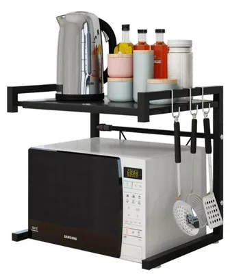 Produktbild von Mikrowellenregal Küche - 2-stöckiges ausziehbares Ablageregal - Breite 40–65 cm Tiefe 42 cm - Tragkraft 25 kg - Edelstahl - Schwarz