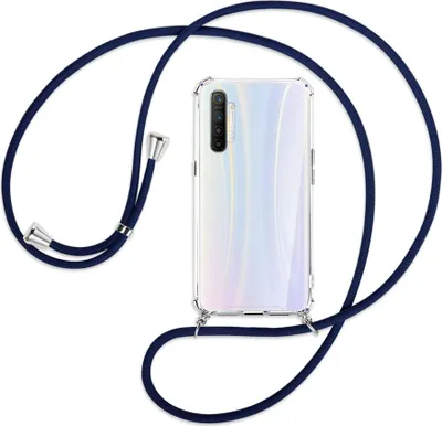 Produktbild von Handykette Backcover-Schutzhülle mit Band (Metall silberfarben) für Realme XT / XT 730G / X2 - dunkelblau