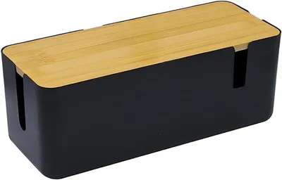 Produktbild von PolkaHome® Kabelbox mit Bambusdeckel – Kabelaufbewahrungsbox für Steckdosenleisten, Kabelmanagement-Box, Kabelorganizer, Schwarz, 30 x