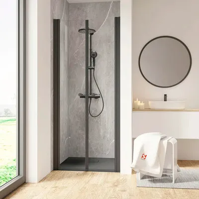 Produktbild von Duschtür in Nische mit Pendeltür SCHULTE Garant 2.0 ExpressPlus 100 cm Profil schwarz Klarglas schmutzabweisende Glasbes