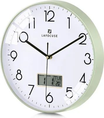 Obrázek produktu pro Nástěnná hodiny Unyqoos® s tichým chodem a LCD displejem (datum, den v týdnu a teplota), zelené barvy, 30 cm (12") – tiché křemenné nástěnné hodiny vhodné do obývacího pokoje, ložnice a kanceláře