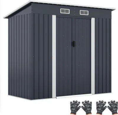 Produktbild von Gerätehaus - Gartenschuppen aus Metall - Pultdach - Schiebetüren - Lüftungsöffnungen - Verzinkter Stahlrahmen - Wasserdicht - 213 x 112 x 185 cm - Dunkelgrau