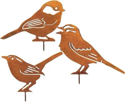 Produktbild von Dekorationsset mit 5 Vogelmotiven – Rostfarbene Metall-Gartenstecker und Baumfiguren