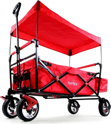 Produktbild von FUXTEC Bollerwagen Rot FX-CT500 - mit Sonnendach | bis 75Kg | Klappbar | Feststellremse | inkl. Hecktasche| gummi Profil Räder | 128cm x60cm x102cm Rot