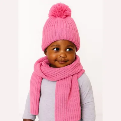 Produktbild von Minoti Mütze und Schal Set Strick Rosa für Mädchen - Warmes Bommel Set aus Viskose Mix für Herbst Winter